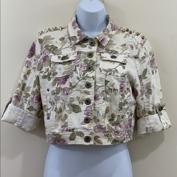 Highway Jeans Jackets & Blazers - Highway Jeans Floral Roll Cuff Crop Jean Jacket